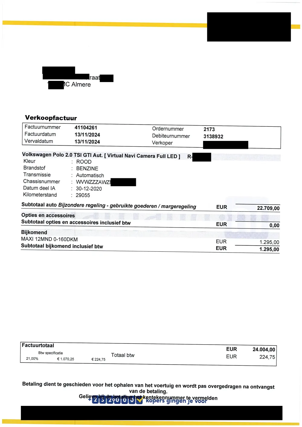 Redacted Dutch car invoice